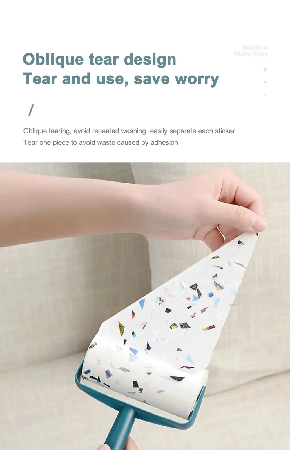 Tearable roll paper sticky roller brush for pet hair and clothing, blue handle