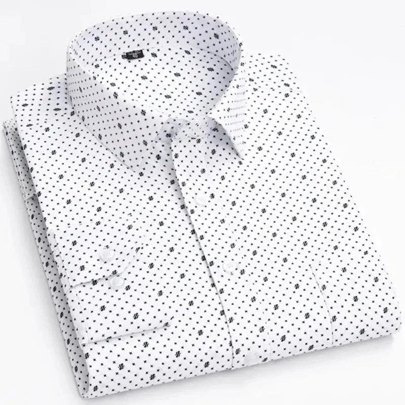 Men's long sleeve shirt by Simples Market, white with small black dot print, folded.