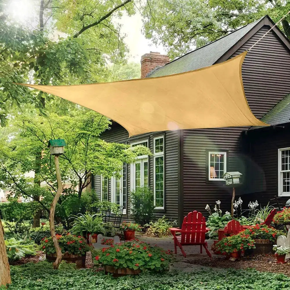 Shade sail rectangle by Simples Market in tan, waterproof sun shelter for outdoor patio.