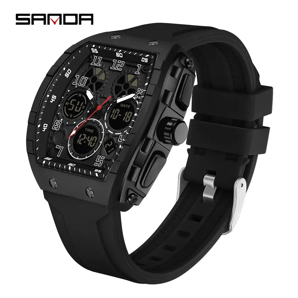 SANDA Tonneau Dial Digital Watch for Men Military Sport Dual Time Analog Digital LED Waterproof Wrist Clock