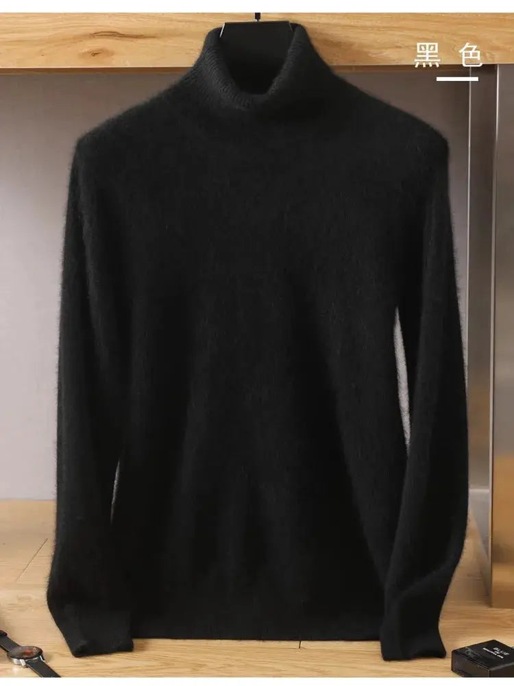 Black mink-velvet cashmere men's sweater with a high neck, long sleeves, knit texture
