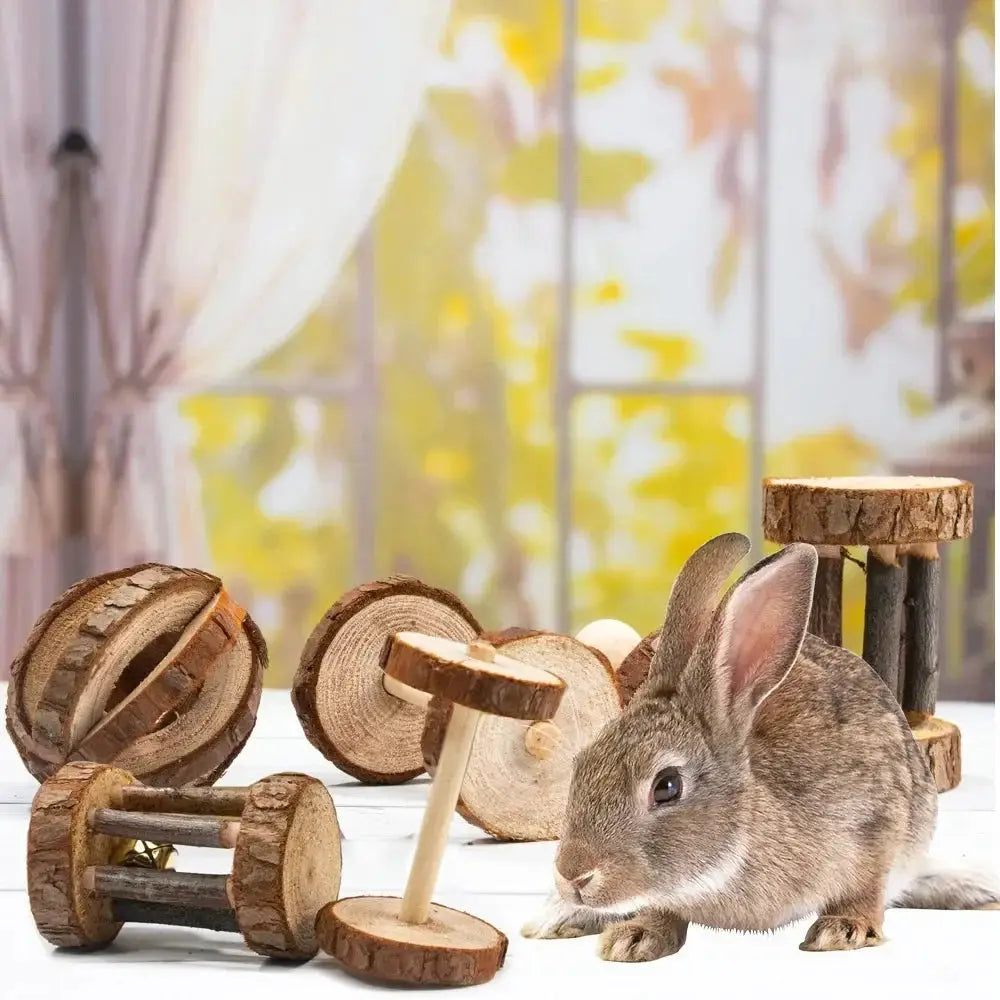 Cute Rabbit wooden chew toys set in natural pine by Simples Market; includes dumbbell rollers and unicycle bell