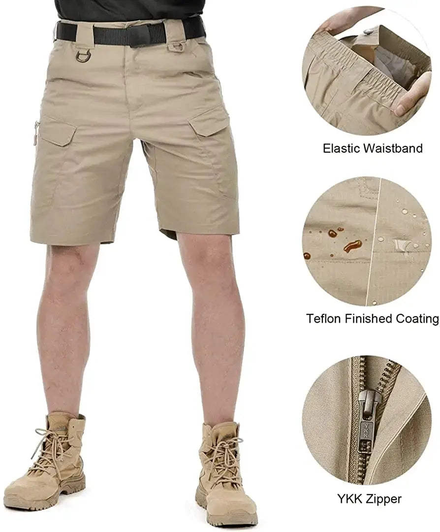 Simples Market men's khaki cargo shorts with elastic waistband, belt, YKK zipper, and teflon coating.