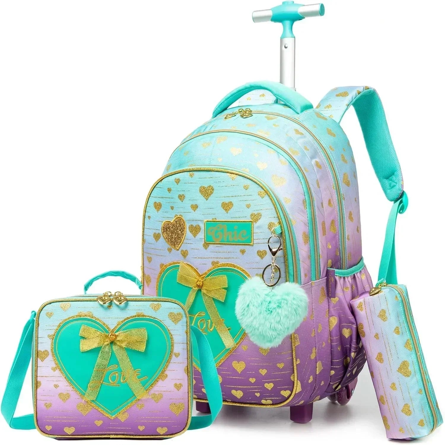 Three-piece children's wheeled backpack set with lunch box in pastel teal–purple gradient with gold hearts.