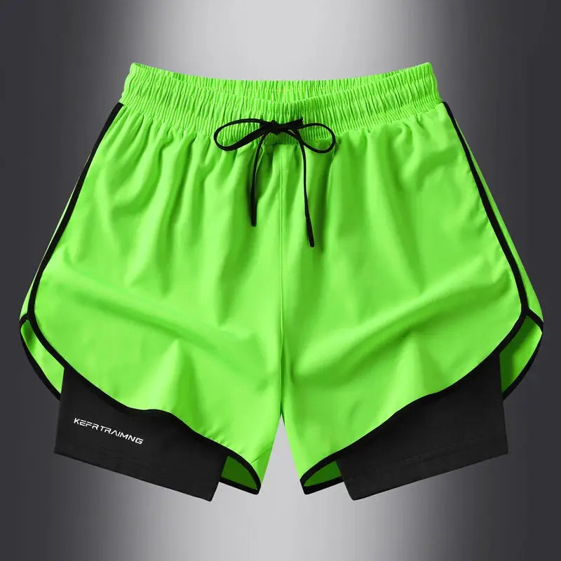 Neon green quick-dry running shorts with black trim and inner liner for men and women athletic training