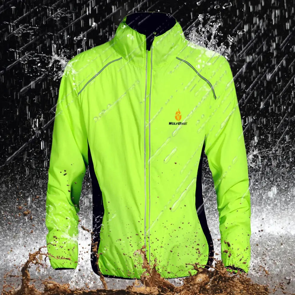 Men's cycling jacket neon lime windproof water-repellent with reflective accents and Wolfbike logo