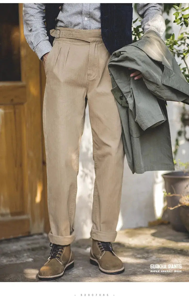Maden Vintage Khaki Gurkha Pants by Simples Market; adjustable high-waist casual cargo trousers.