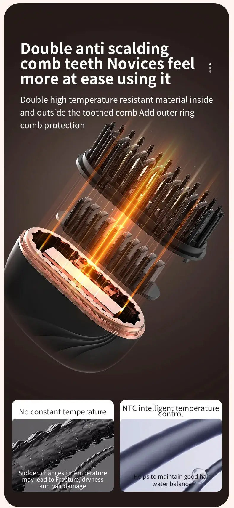 Mini cordless hair straightener brush with anti-scald shell, USB rechargeable in rose gold and black.