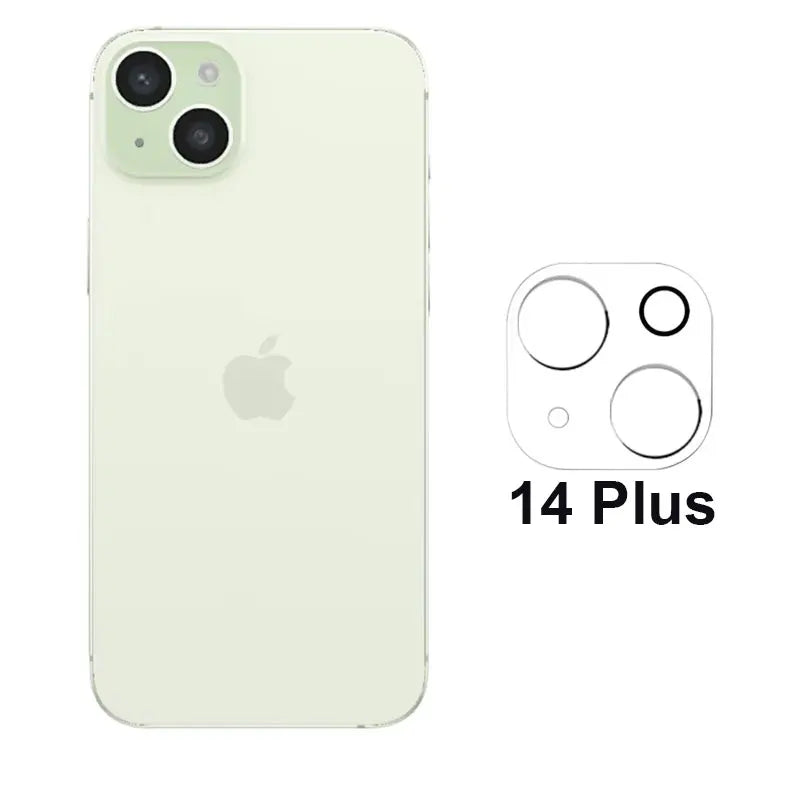 Camera lens protector for iPhone 14 Plus, tempered glass guard shown with phone and diagram