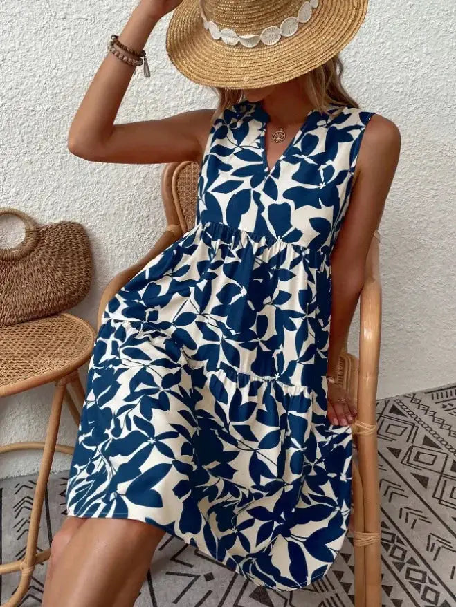 Women Boho Print Mini Dress Sleeveless V Neck Ruffle Beach Sundress