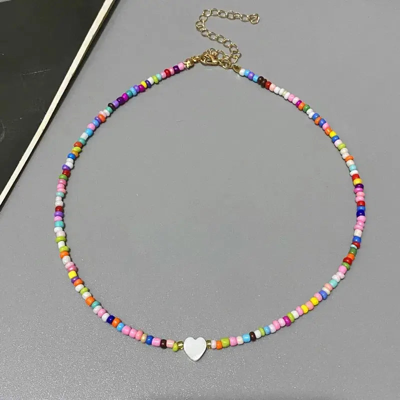 Colorful Seed Bead Choker Necklace For Girls Spring And Summer Love Heart Design Boho Jewelry Wholesale Dropshipping
