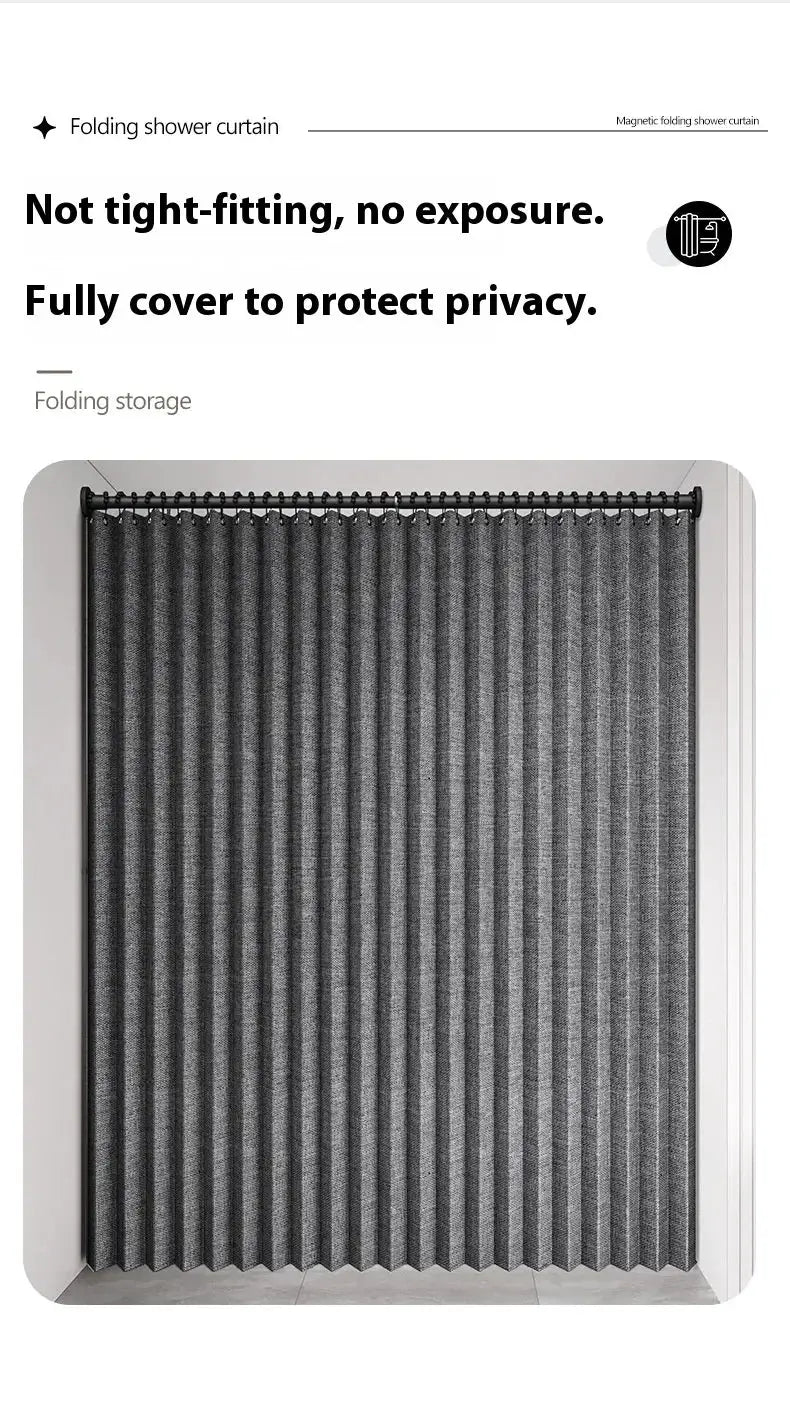 Simples Market magnetic foldable linen shower curtain in dark gray, waterproof for walk-in showers