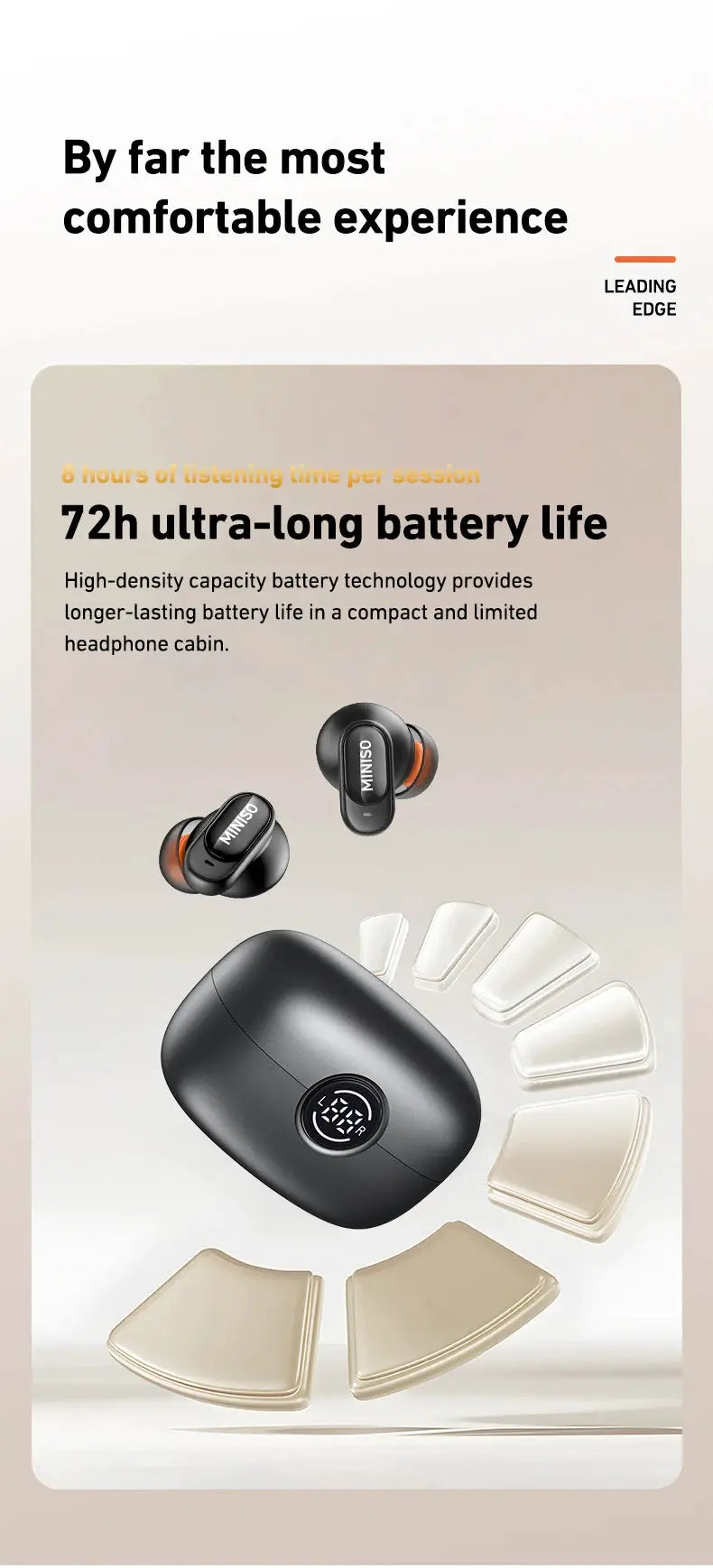 MINISO MS105 Bluetooth in-ear wireless earbuds (2) with charging case, black with orange accents, IPX5 waterproof
