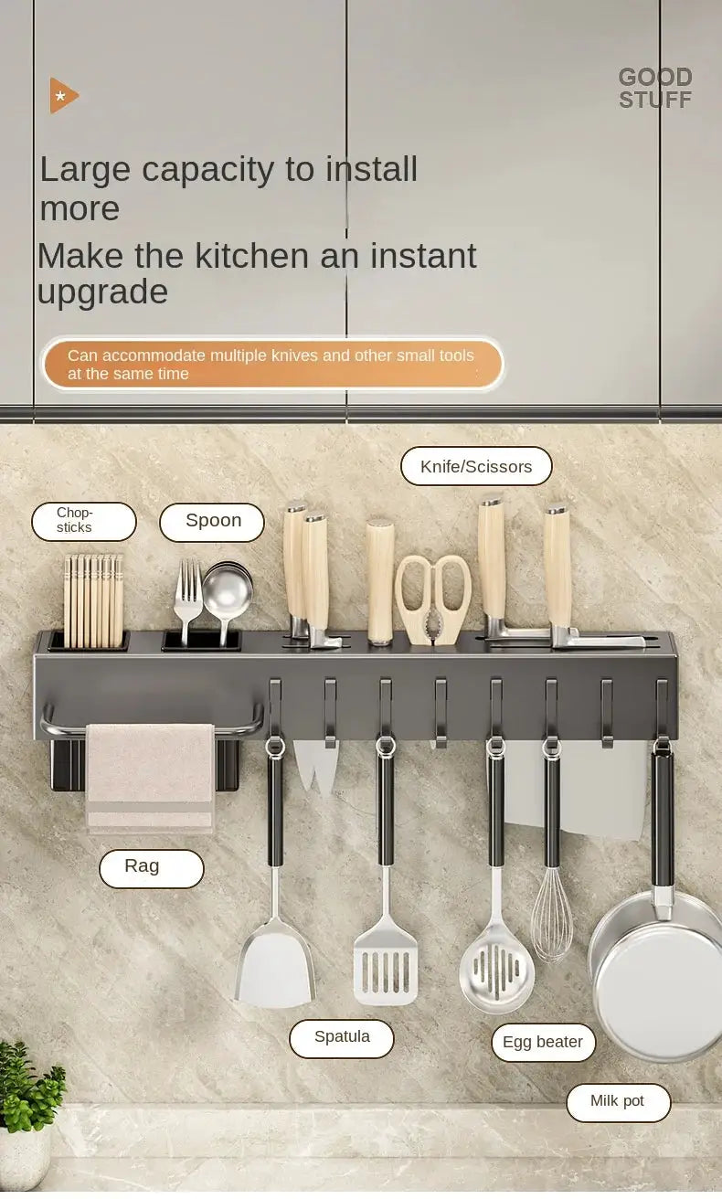 Simples Market tool-free kitchen shelf; wall-mounted utensil rack holding knives, spoons, chopsticks and more.