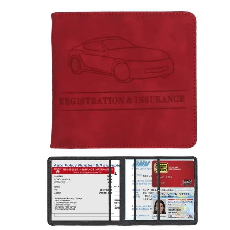 Men's red card holder wallet with car registration and insurance embossing; features multiple card slots.