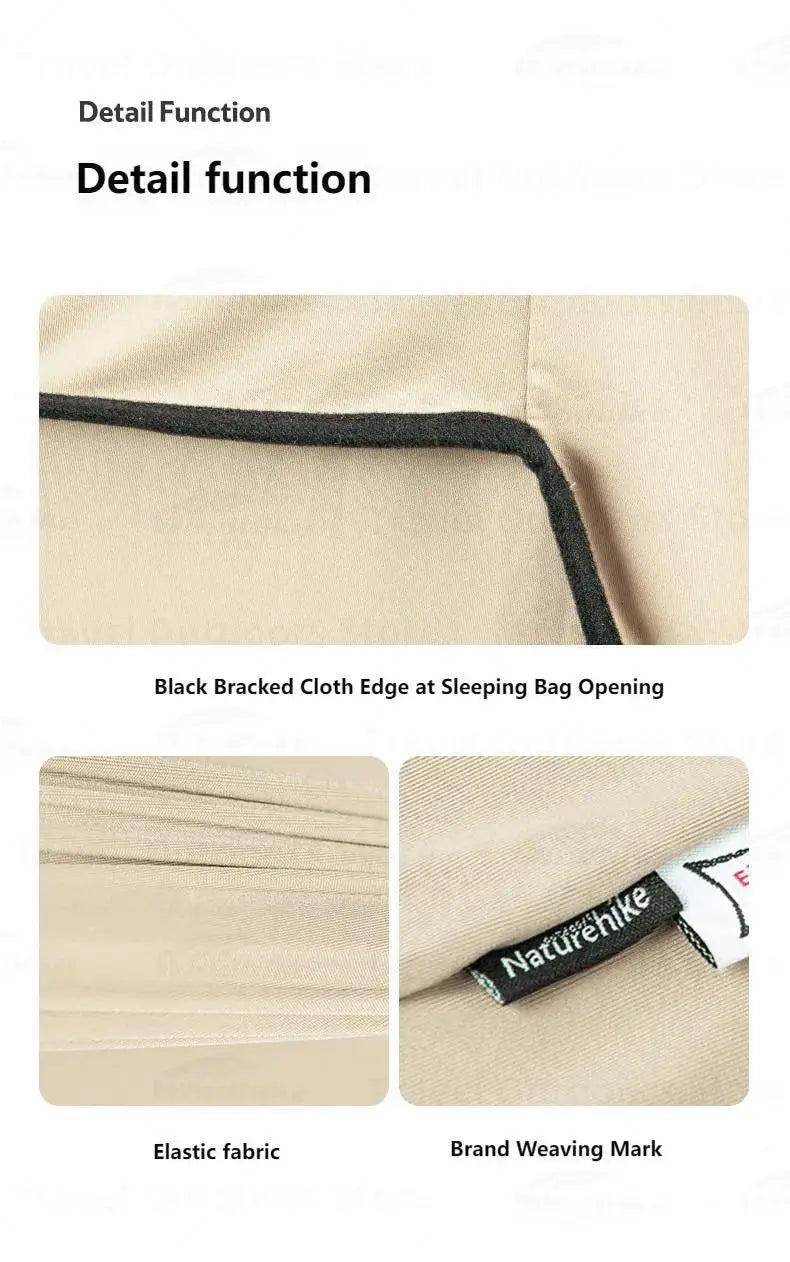 Naturehike beige sleeping bag liner with black edge at opening and elastic fabric; brand tag visible