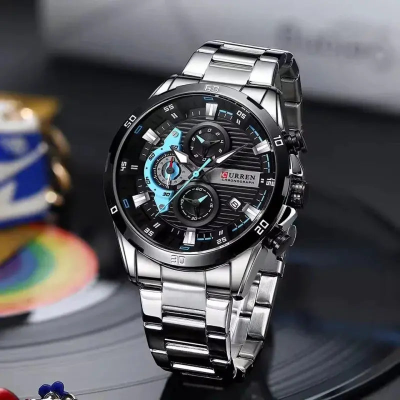 Curren 8402 stainless steel men's watch with luminous dial and chronograph