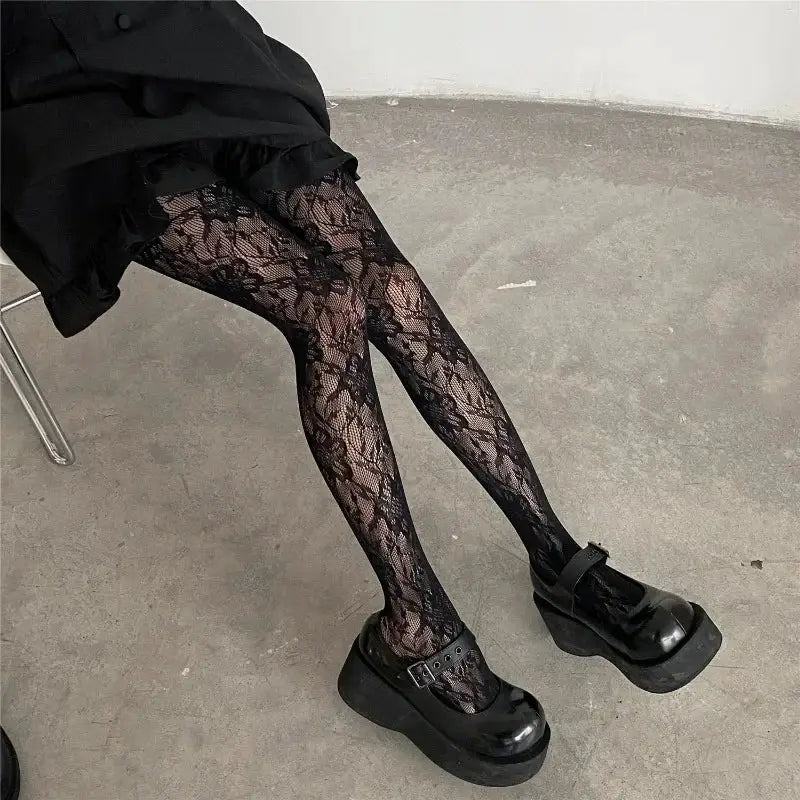 Lolita Sweet Floral Punk Style Colorful Thigh High Tights Hollow Out Mesh Fishnet Design For Women