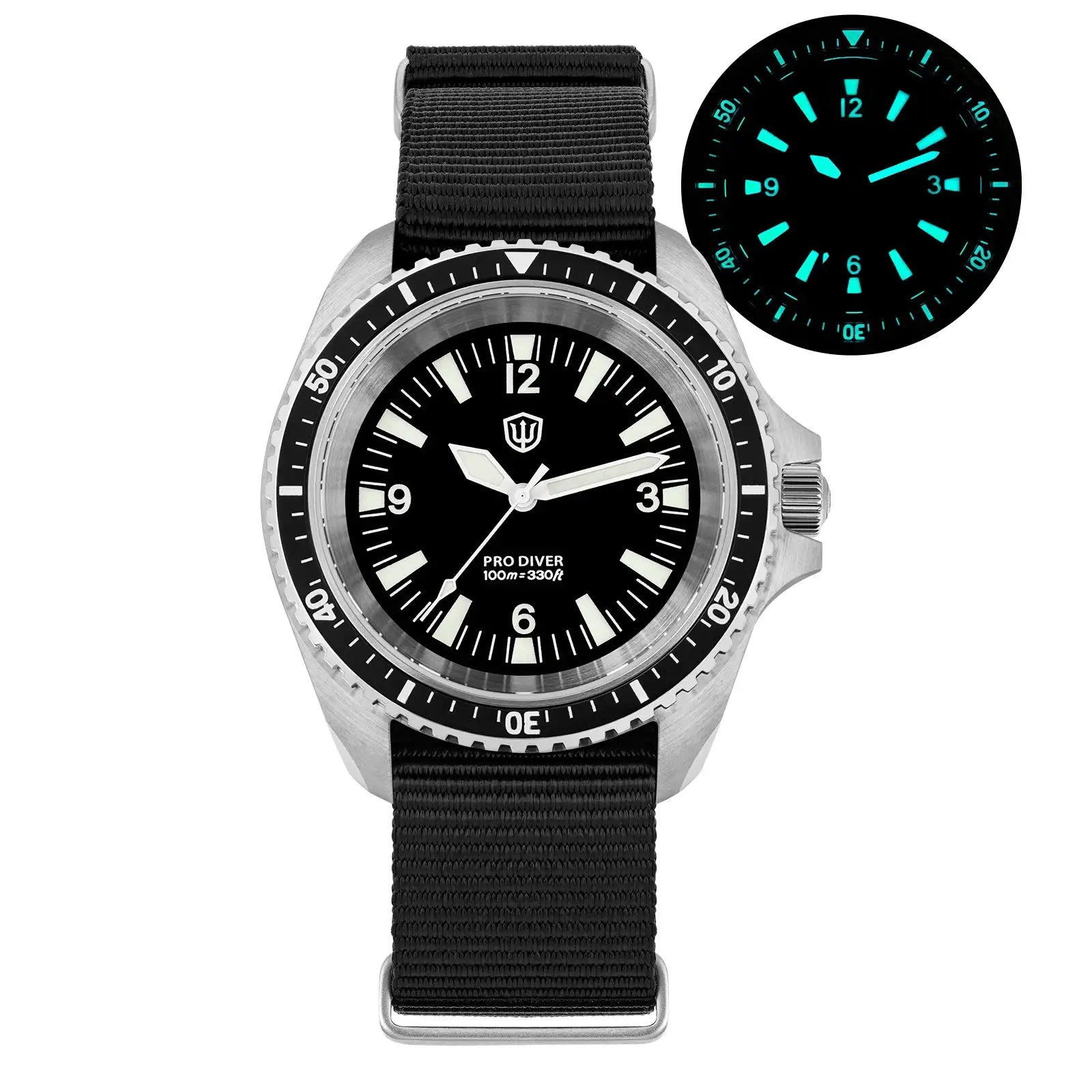 Watchdives WD1980 V3 diver watch; black dial with luminous markers, stainless steel case, black nylon strap