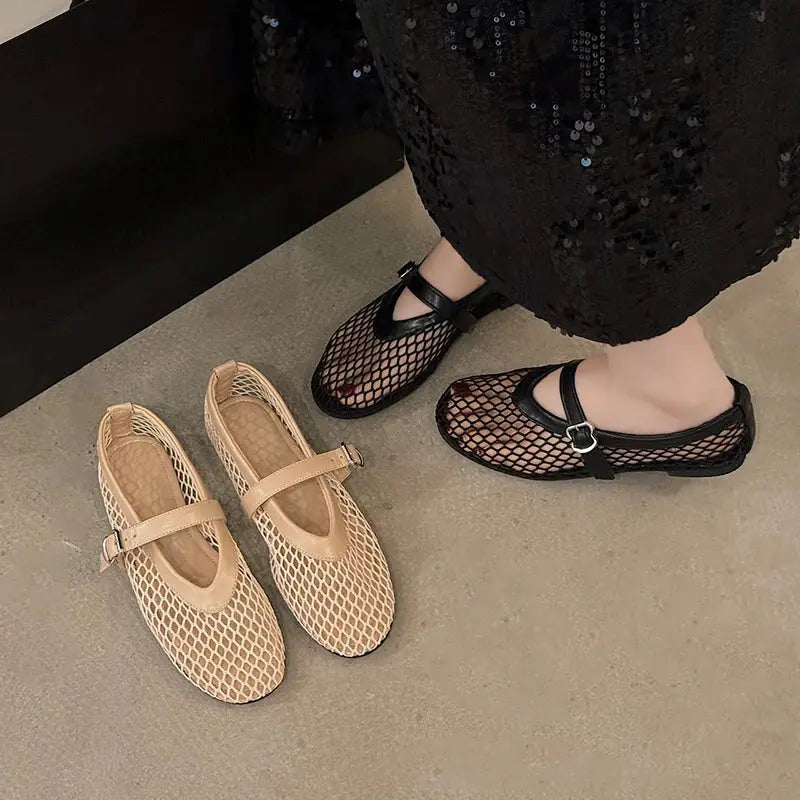 AeroWear Cut Out Mary Jane Flats Breathable Air Mesh Upper With Fishnet Design For All Day Comfort