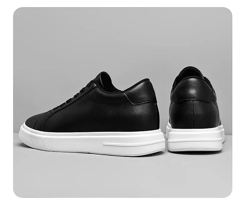 Men's black leather elevator sneakers with thick white sole, side and back view