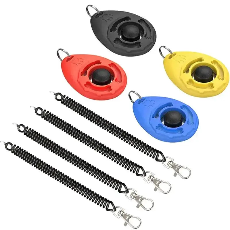 Simples Market adjustable dog training clicker set with wrist strap and keychain; multi-color clickers and coiled leads.