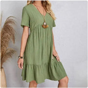 LunaModa Women Summer Peplum Dress Breathable Cotton Knit V Neck Knee Length Loose Fit Short Sleeve