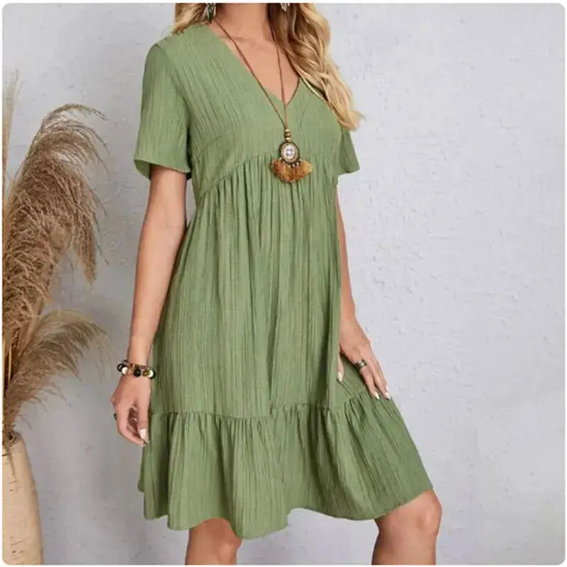 LunaModa Women Summer Peplum Dress Breathable Cotton Knit V Neck Knee Length Loose Fit Short Sleeve