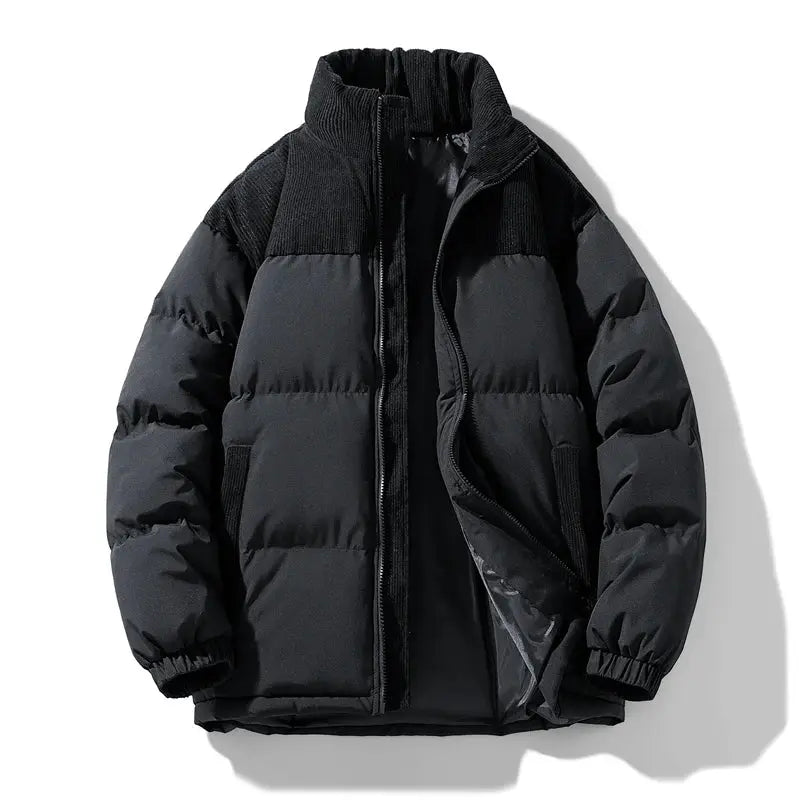 Men's black color-block puffer jacket, thick insulated parka with high collar and zip closure