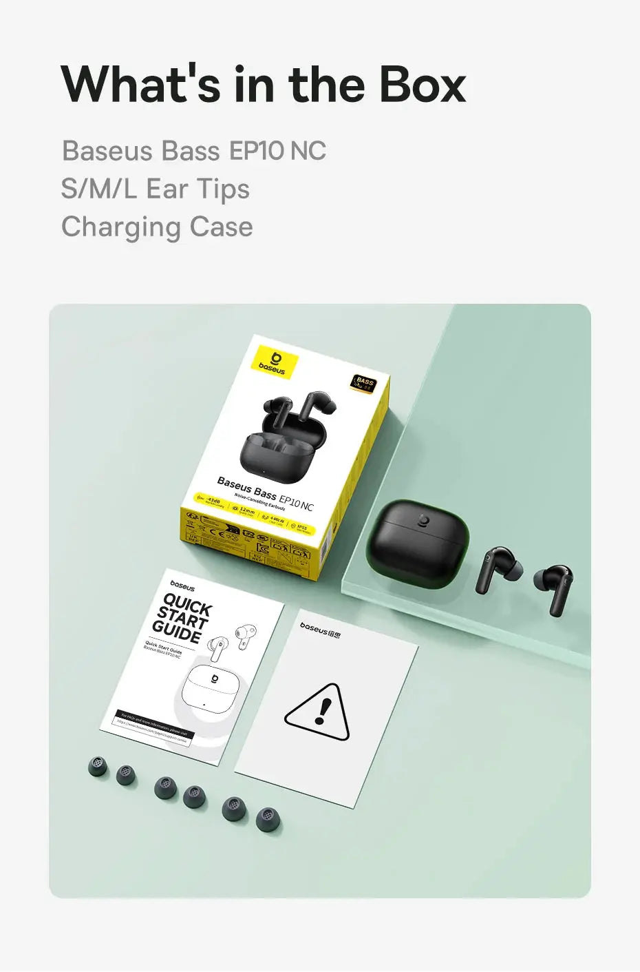 Baseus Bass EP10 NC true wireless earbuds in black with charging case; yellow Baseus box and ear tips