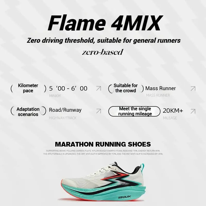 Flame 4MIX running shoes, white upper with teal midsole, orange outsole and black/red side accents