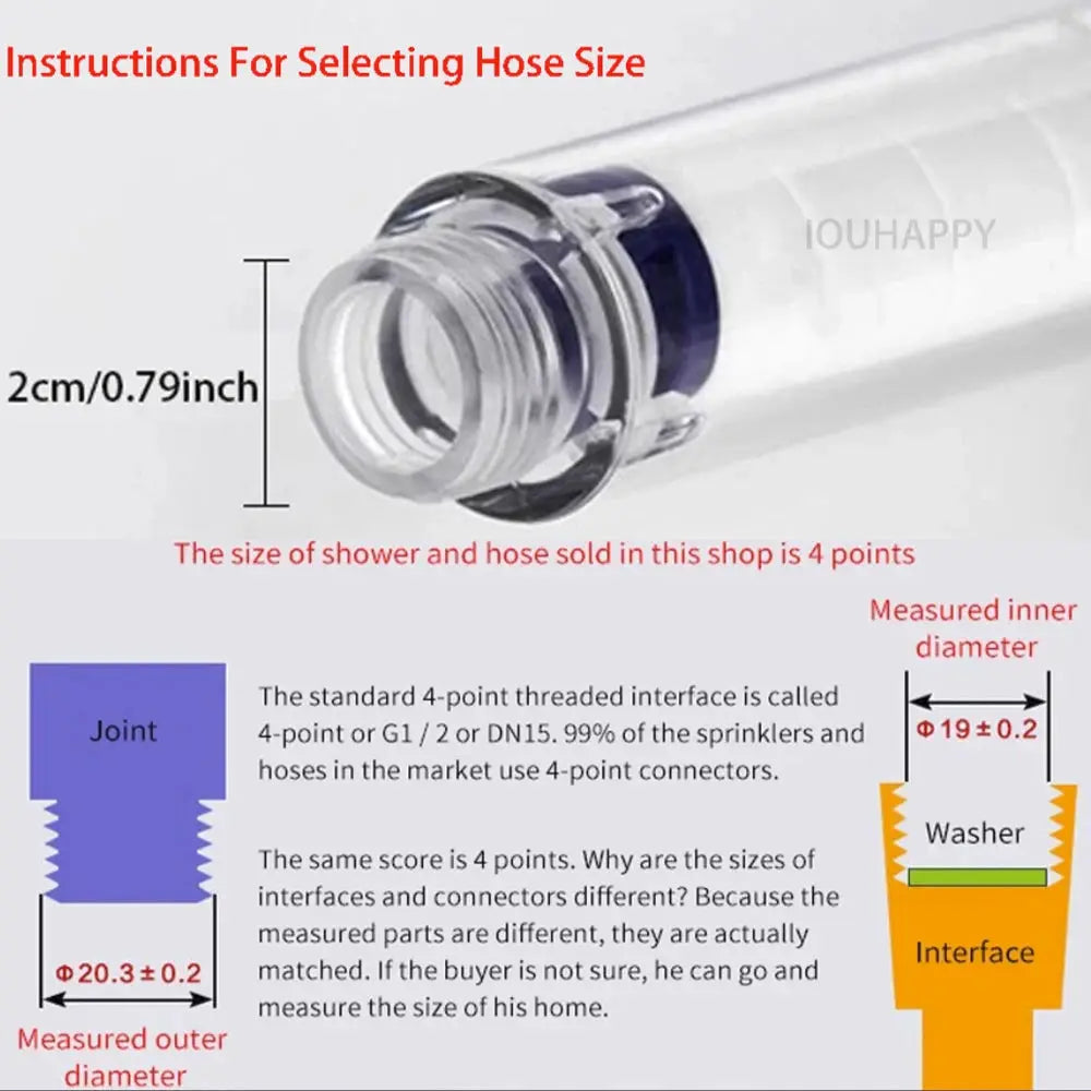 Simples Market high-pressure handheld shower hose connector close-up with diameter measurements and 4-point interface diagram