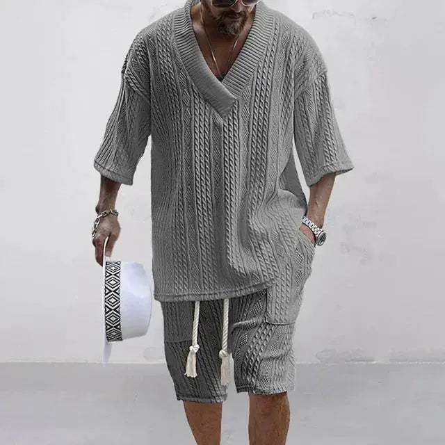 2024 Spring and Summer Casual Shorts Set Knitted Two Piece Men's V-neck Short Sleeve T-shirt and Shorts Street Wear Knitted Set
