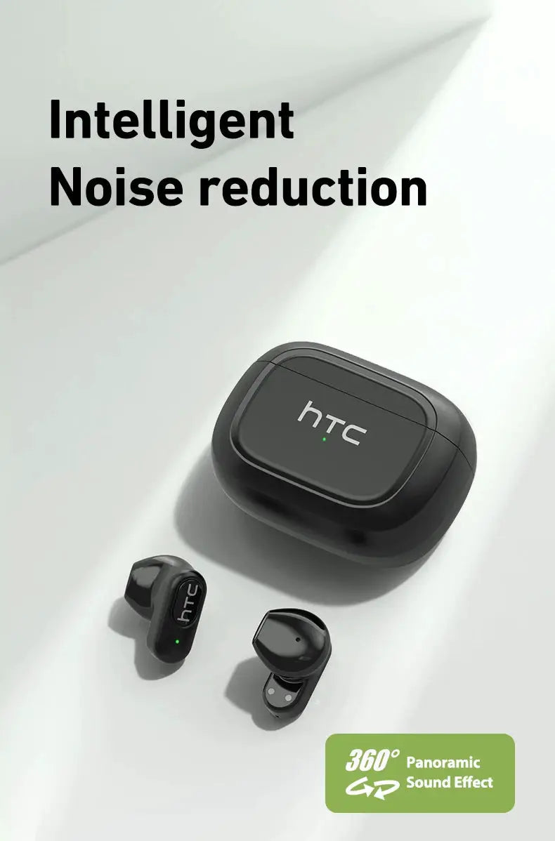 HTC NE51 TWS mini wireless earbuds with black charging case and green LED indicator, featuring intelligent noise reduction