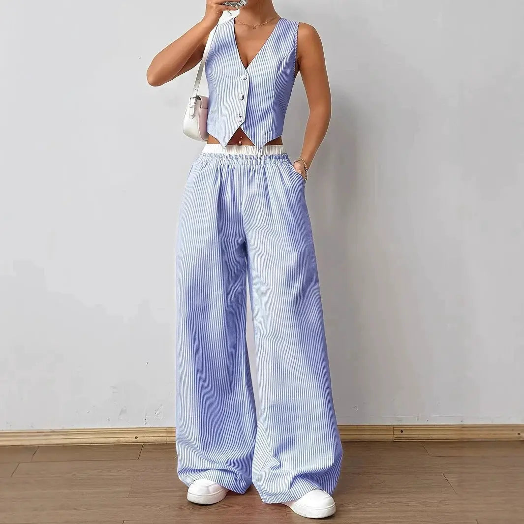 2025 Striped Sleeveless V Neck Vest and Color Wide Leg Pants Set
