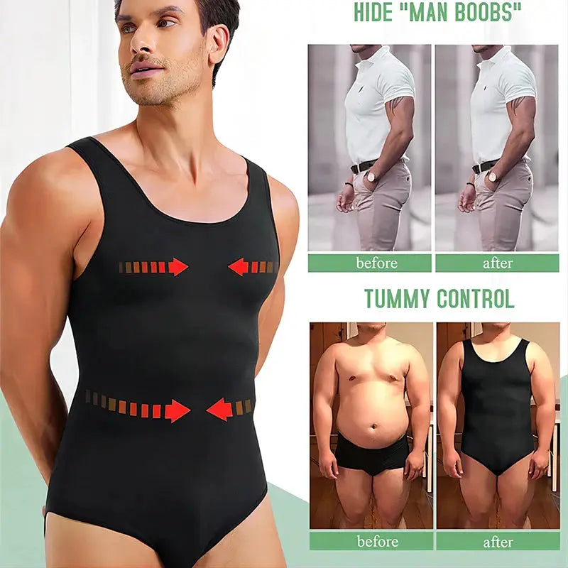 Simples Market men's black shapewear bodysuit with tummy control and sleeveless open-crotch design.