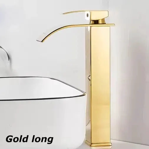 Gold long waterfall wash basin faucet in stainless steel with single lever for bathroom