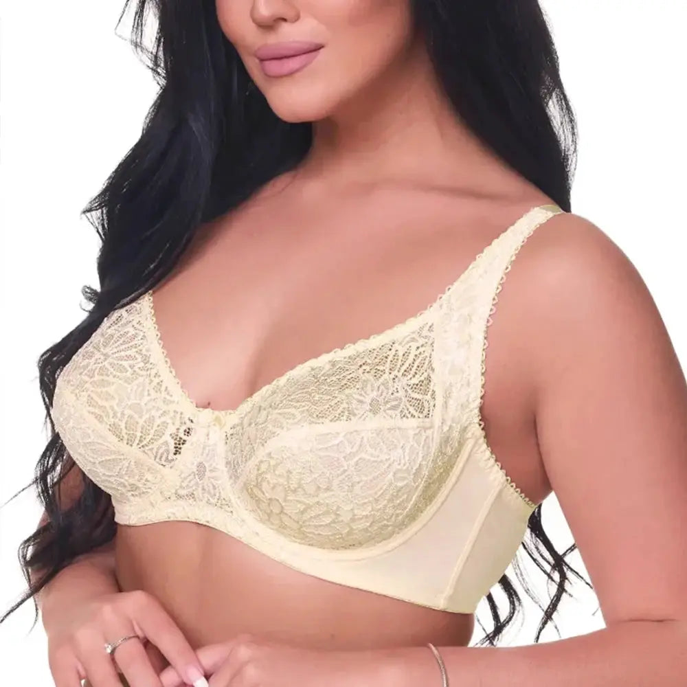 Plus-size lace underwire bra in cream beige by Simples Market, women's lingerie