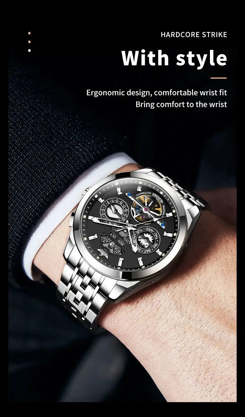 OUPINKE 3251 men's skeleton automatic watch with stainless steel bracelet and black dial