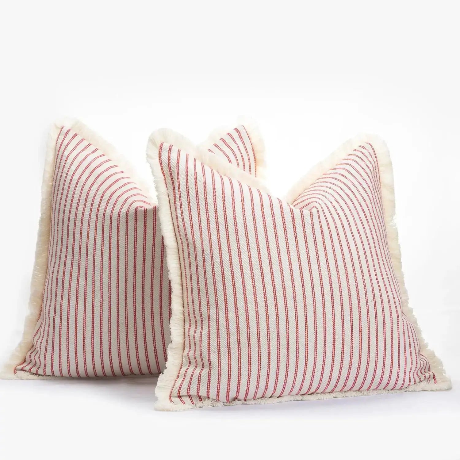 Wool striped cushion covers, square cream with red vertical stripes and fluffy fringe, set of 2