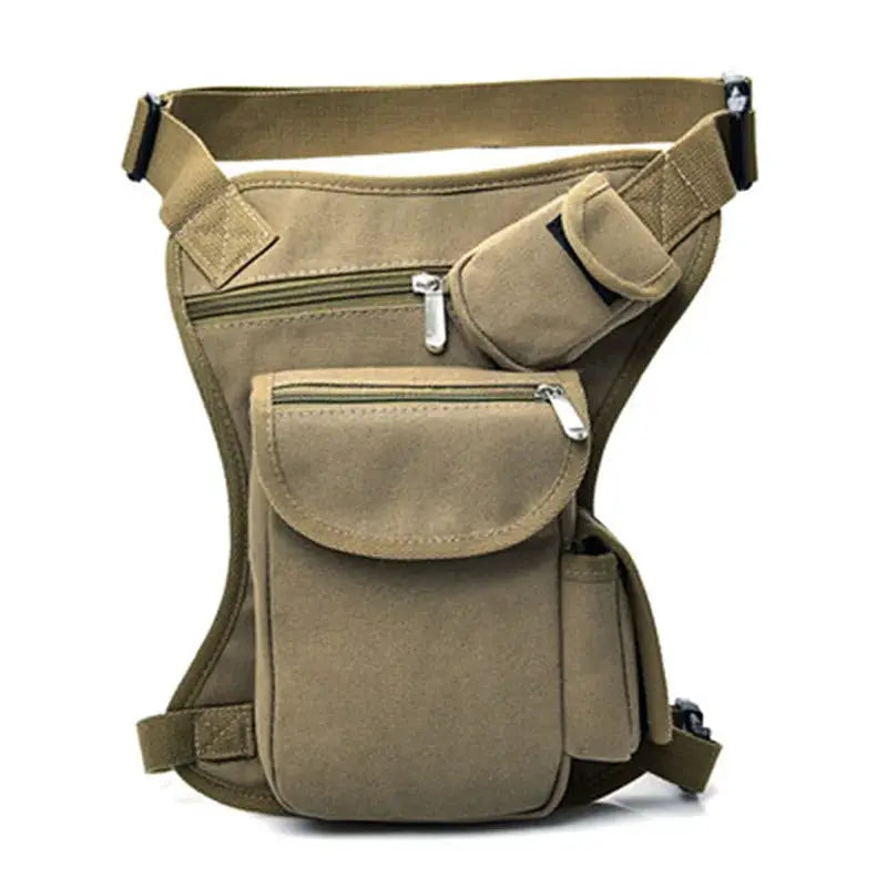 Tan canvas men's drop-waist fanny pack with multiple zip pockets