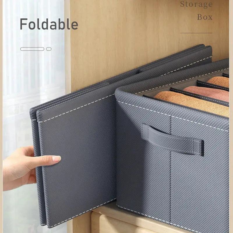 Foldable pants storage box by Simples Market with 9/7/6-grid organizer in gray textured fabric