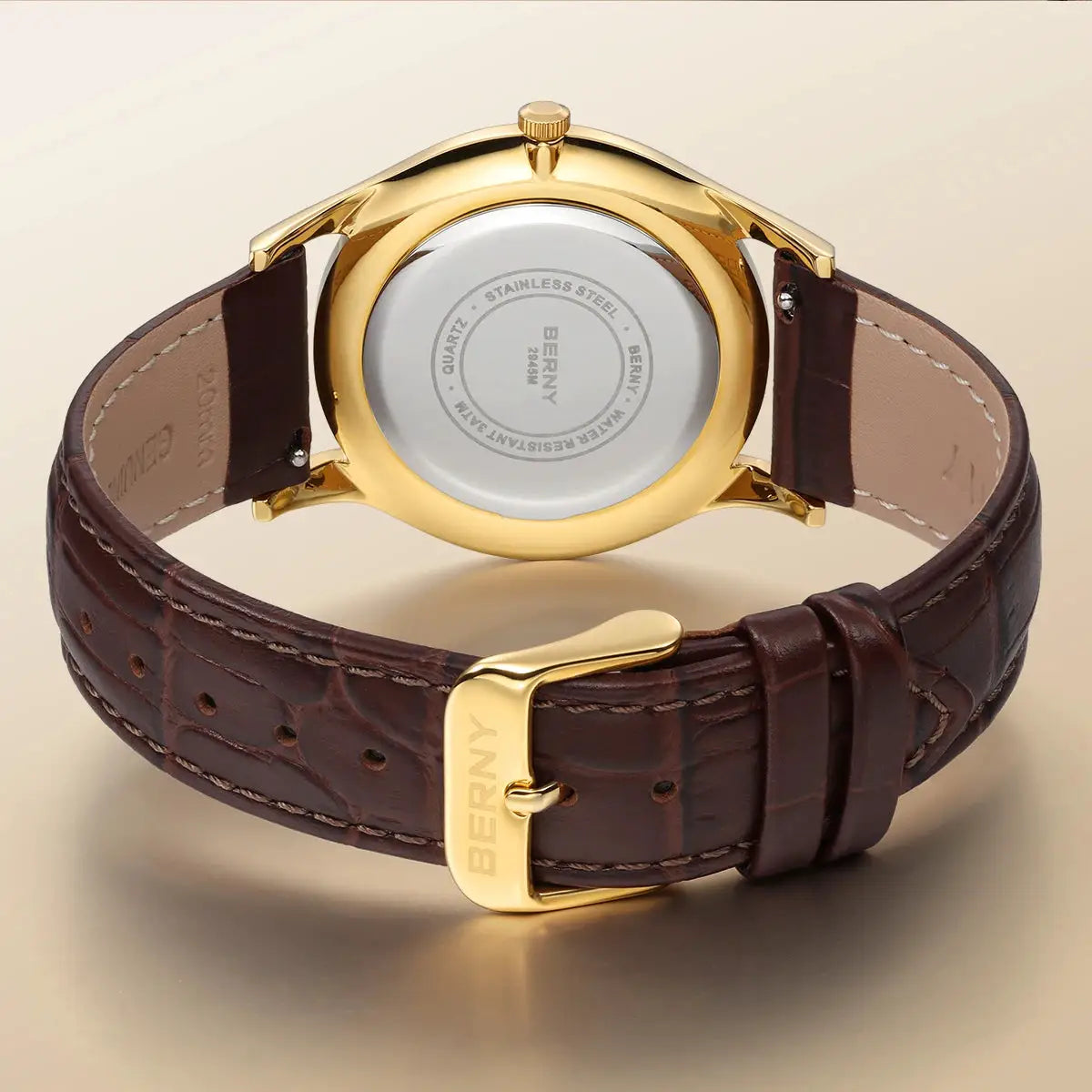 BERNY luxury men's dress watch with gold-tone case and brown leather strap by Simples Market