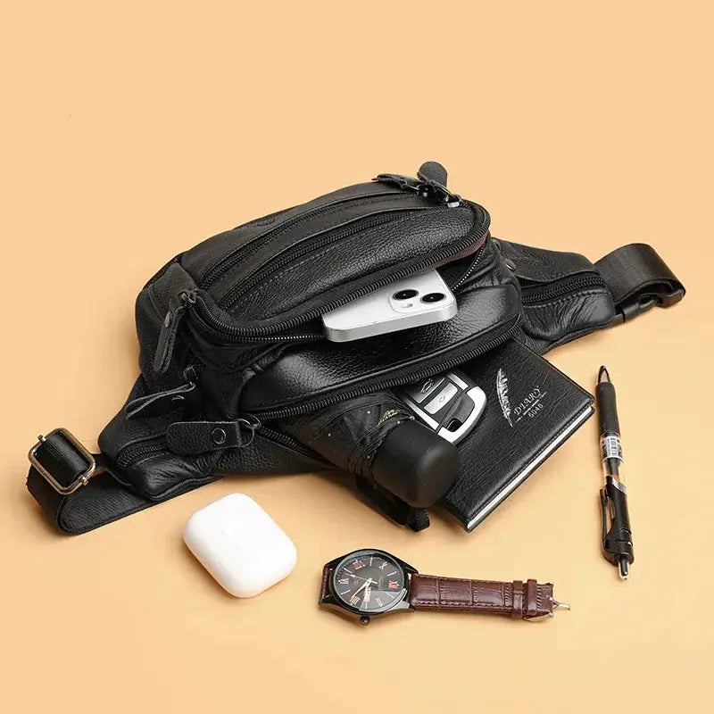 Men's genuine leather fanny pack with multiple zip pockets, black waist bag for phone and essentials.
