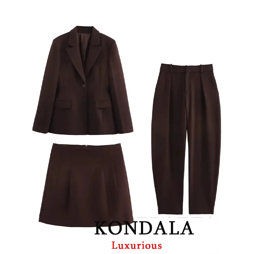 KONDALA three-piece women's suit set with blazer, straight loose pants, and skirt in chocolate brown