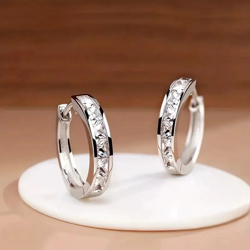 Huitan Classic Design Women Hoop Earrings With Princess Square CZ Cubic Zirconia Elegant And Versatile Jewelry