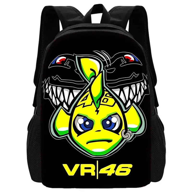 Kids' black backpack with VR46 graphic featuring a yellow-green cartoon face and bold artwork.