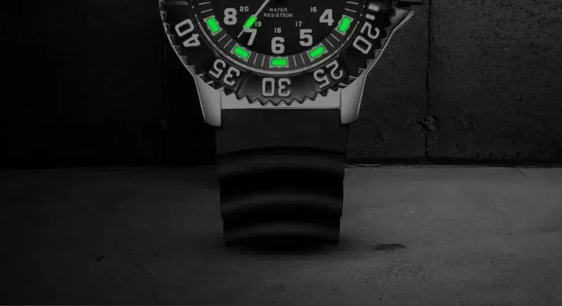 Addies Dive men's quartz watch with black dial, green luminous markers, rotating bezel, rubber strap