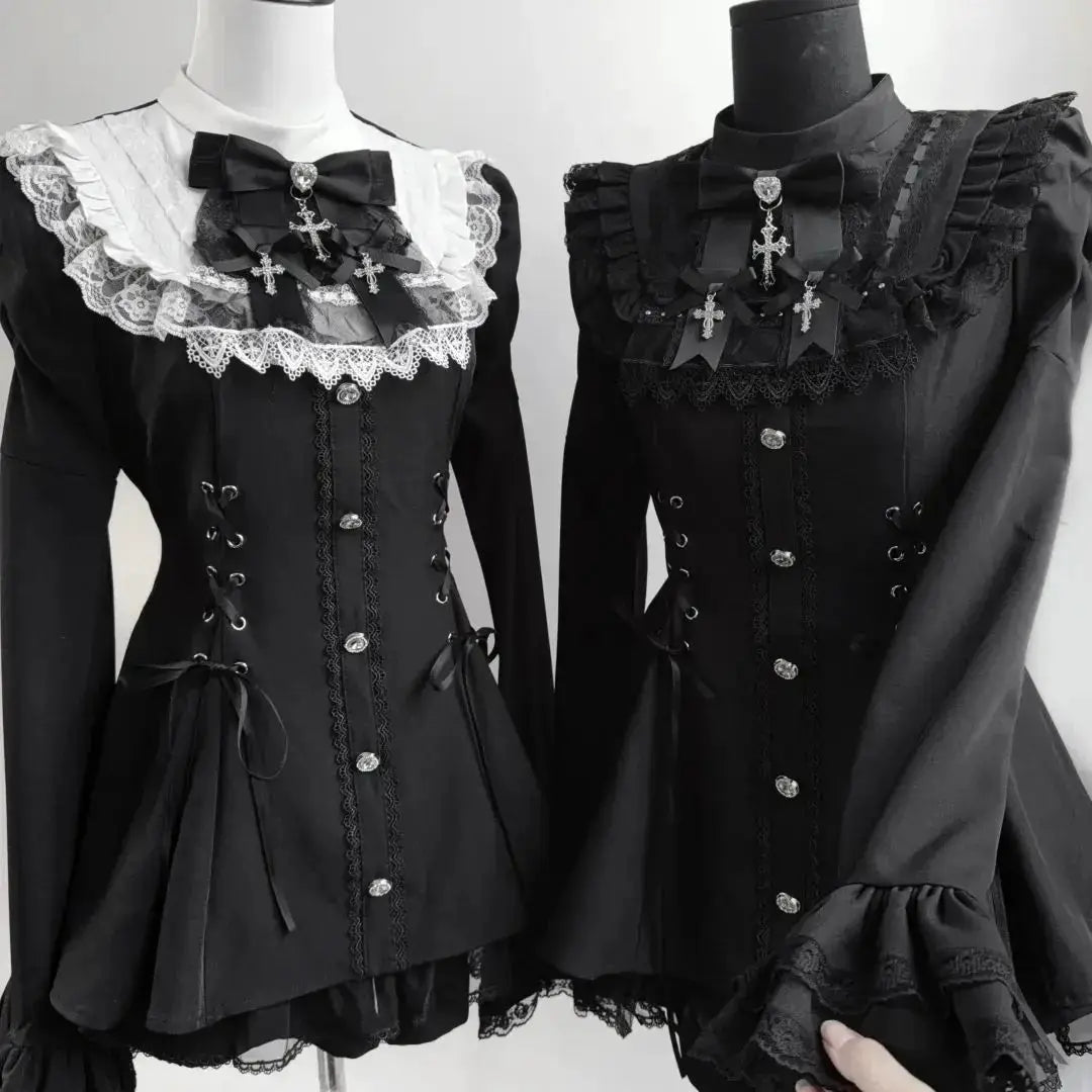 Y2K Lolita Bow Dress Shorts Set Gothic Lace Flare Sleeve Shirt Dress