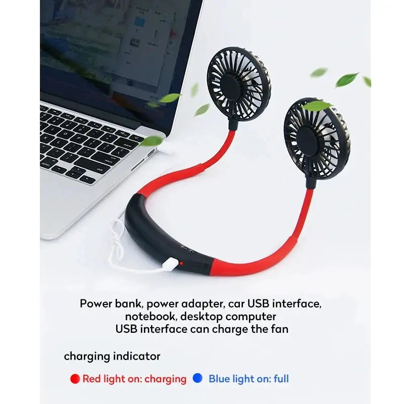 USB Portable Neck Fan Hands Free Dual Mini Sports Fan 3 Speed Adjustable Rechargeable 360 Degree Rotation